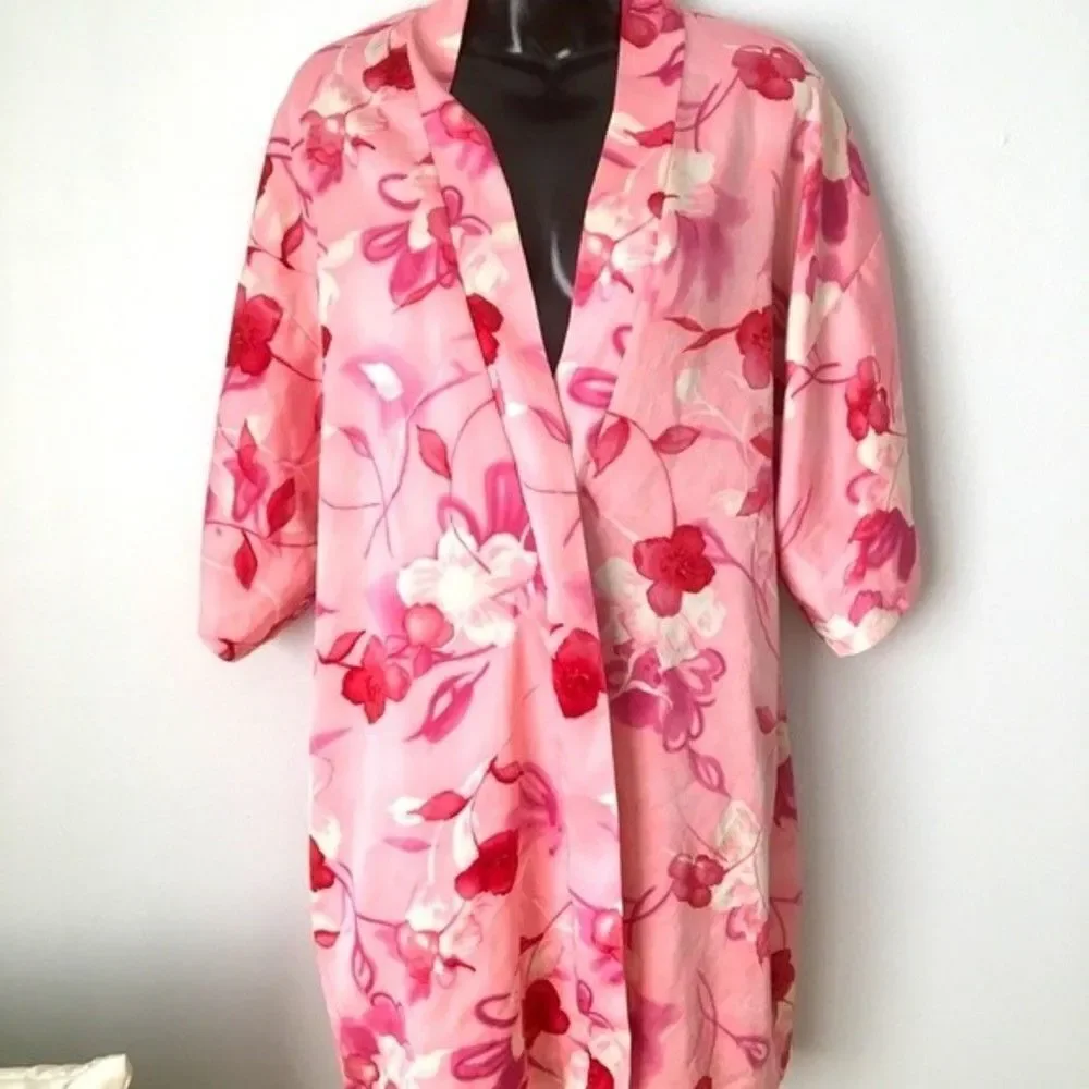 Vtg Y2k California Dynasty pink Floral Kaftan Casual 1-size wrap silky Robe Lady